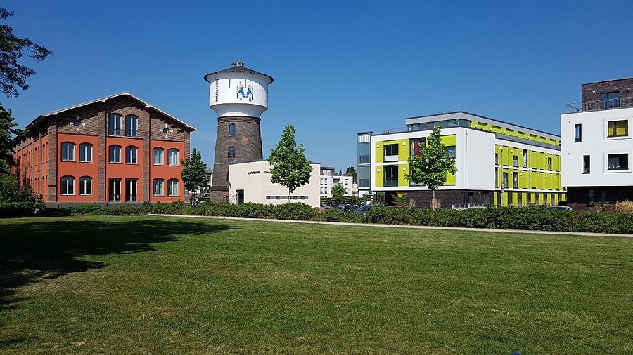 Urban train tracks and modern architecture in Opladen